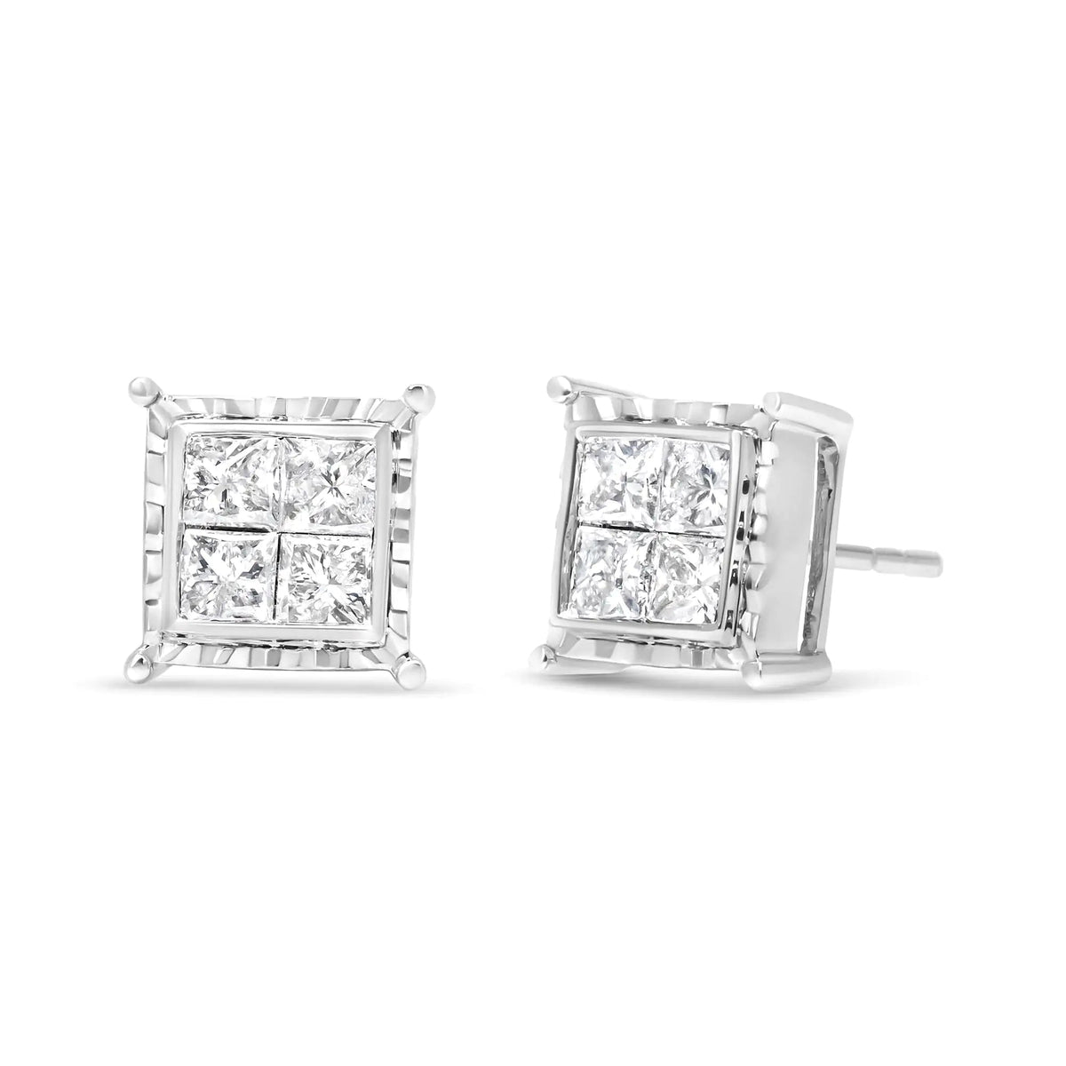 14K White Gold 1 1/2 Cttw Invisible Set Princess - Cut Diamond Contemporary Wavy Quad Stud Earrings (I - J Color, I1 - I2 Clarity) - Rieworkes