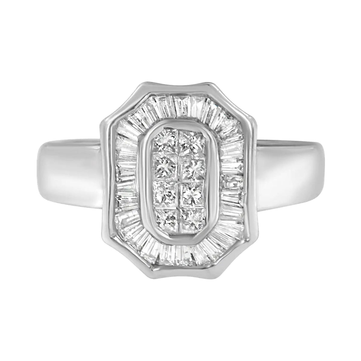 14K White Gold 1.00 Cttw Baguette and Princess - Cut Diamond Cocktail Art Deco Style Ring (H - I Color, SI1 - SI2 Clarity) - Rieworkes