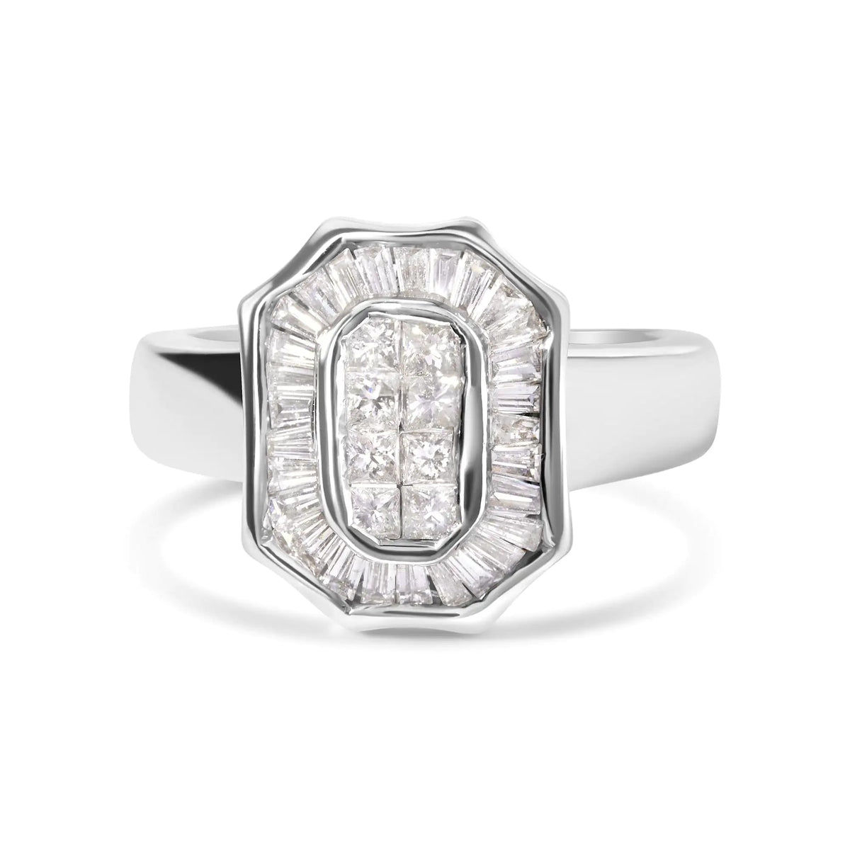 14K White Gold 1.00 Cttw Baguette and Princess - Cut Diamond Cocktail Art Deco Style Ring (H - I Color, SI1 - SI2 Clarity) - Rieworkes