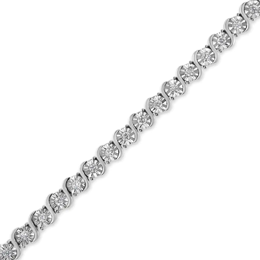 14K White Gold 1.00 Cttw Lab Grown Diamond Round Miracle Plate and &quot;S&quot; Link Tennis Bracelet (F - G Color, VS2 - SI1 Clarity) Size 7&quot; - Rieworkes