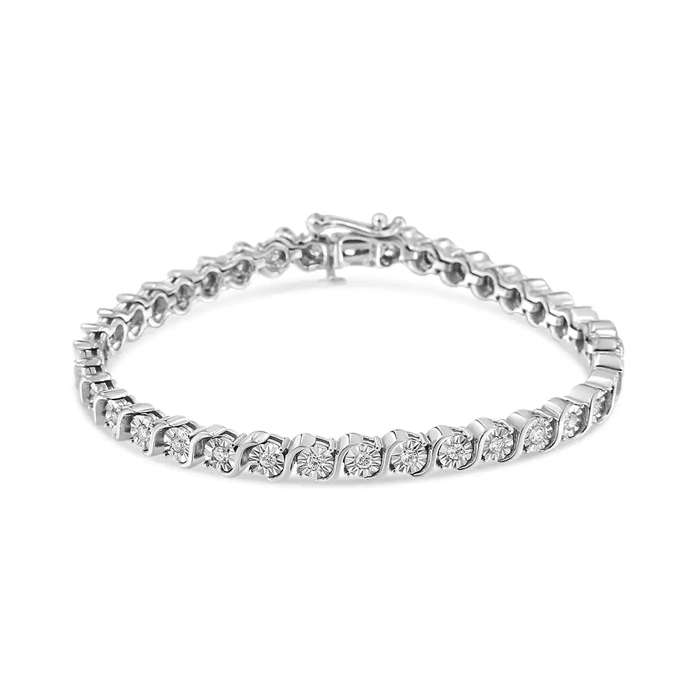 14K White Gold 1.00 Cttw Lab Grown Diamond Round Miracle Plate and &quot;S&quot; Link Tennis Bracelet (F - G Color, VS2 - SI1 Clarity) Size 7&quot; - Rieworkes