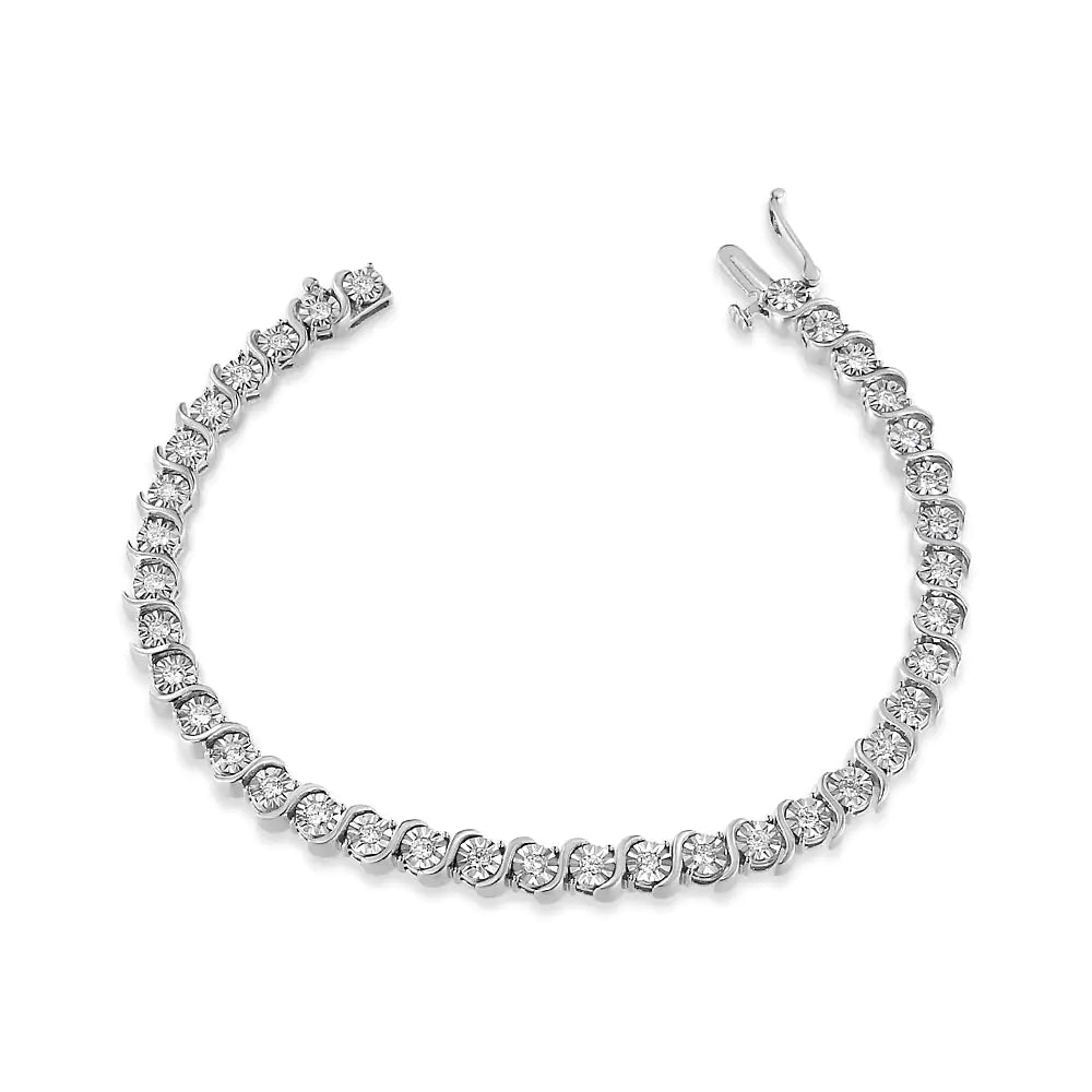 14K White Gold 1.00 Cttw Lab Grown Diamond Round Miracle Plate and &quot;S&quot; Link Tennis Bracelet (F - G Color, VS2 - SI1 Clarity) Size 7&quot; - Rieworkes