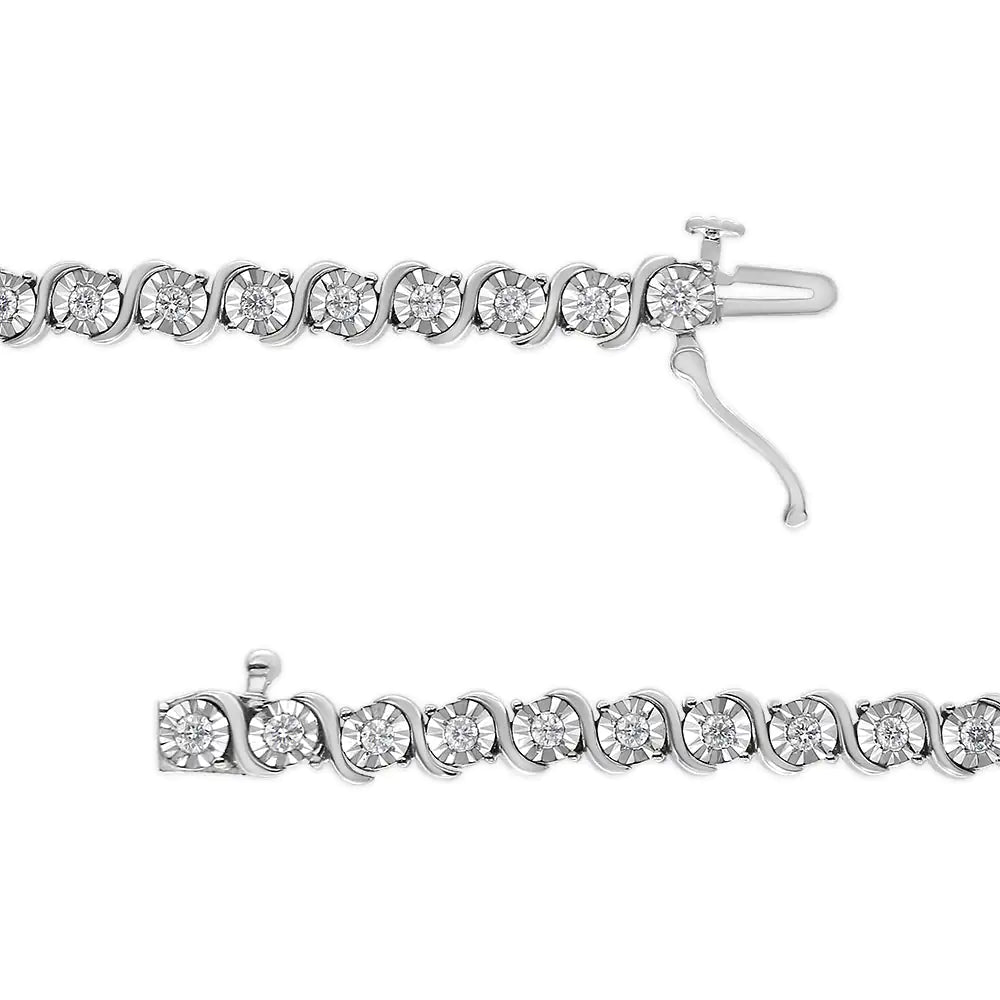 14K White Gold 1.00 Cttw Lab Grown Diamond Round Miracle Plate and &quot;S&quot; Link Tennis Bracelet (F - G Color, VS2 - SI1 Clarity) Size 7&quot; - Rieworkes