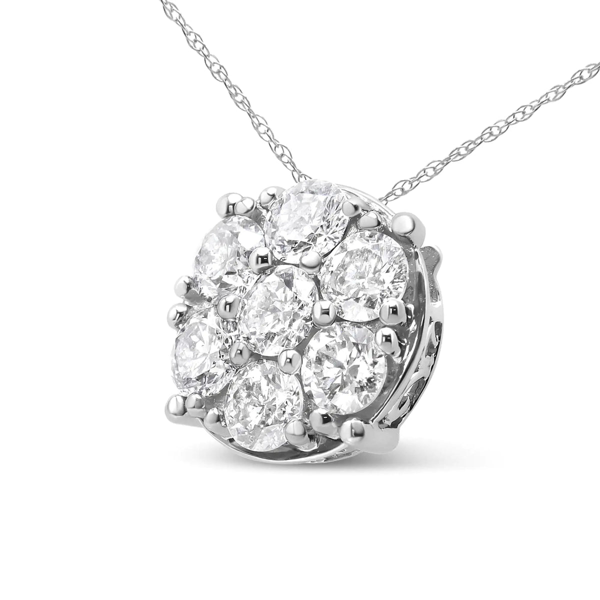 14K White Gold 2 1/3 Cttw Diamond 7 Stone Floral Cluster 18&quot; Pendant Necklace (H - I Color, I1 - I2 Clarity) - Rieworkes