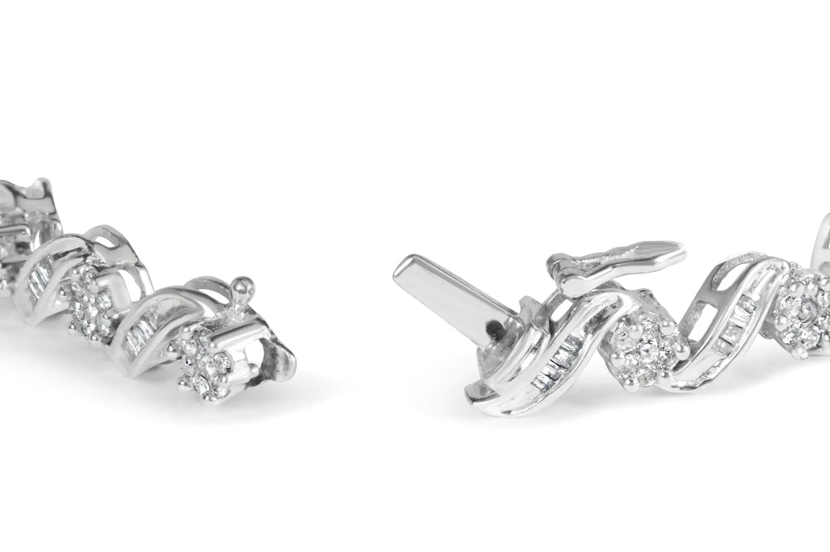 14K White Gold 2.00 Cttw Diamond Cluster and Spiral Link Bracelet (I - J Color, I1 - I2 Clarity) - 7&quot; - Rieworkes