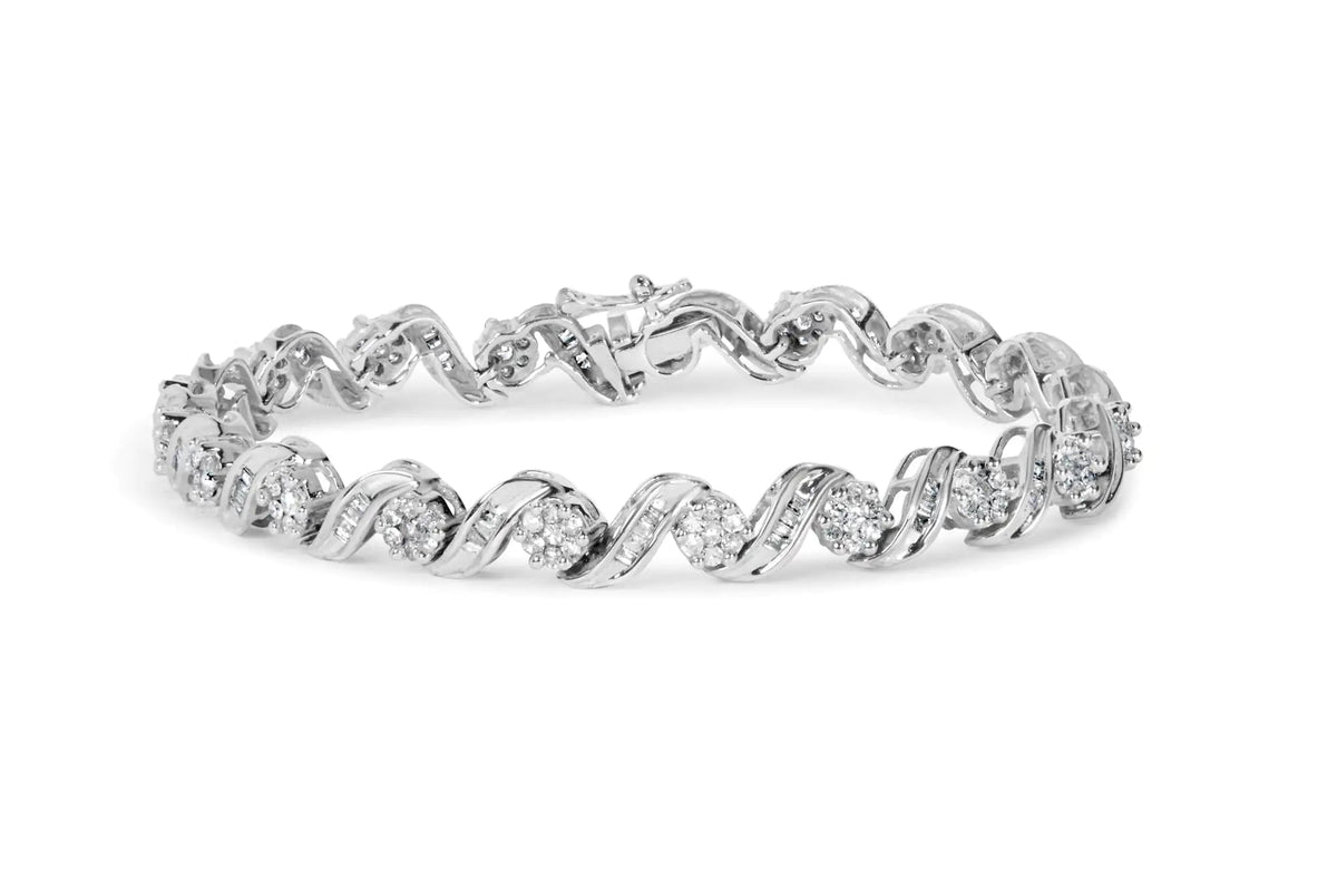 14K White Gold 2.00 Cttw Diamond Cluster and Spiral Link Bracelet (I - J Color, I1 - I2 Clarity) - 7&quot; - Rieworkes