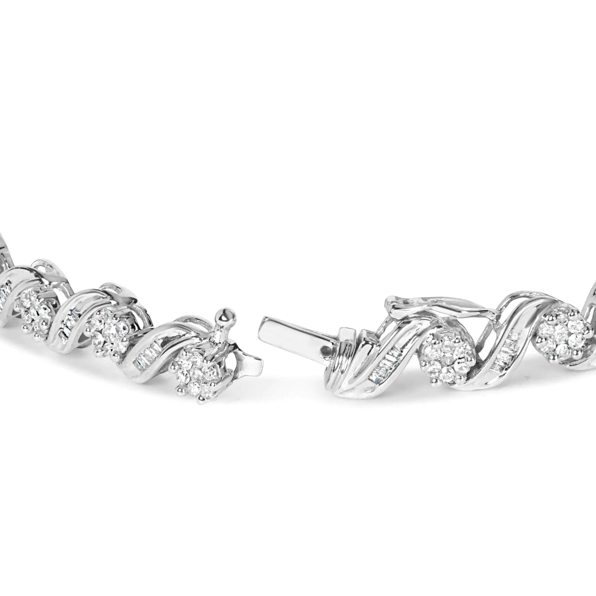 14K White Gold 2.00 Cttw Diamond Cluster and Spiral Link Bracelet (I - J Color, I1 - I2 Clarity) - 7&quot; - Rieworkes