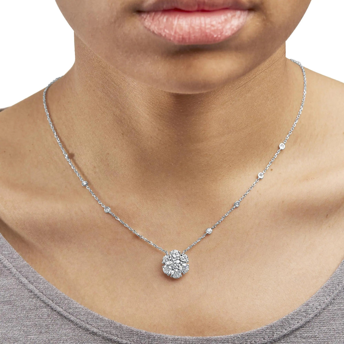 14K White Gold 3.0 Cttw Lab Grown Diamond Floral Cluster and Station 18&quot; Pendant Necklace (G - H Color, VS2 - SI1 Clarity) - Rieworkes