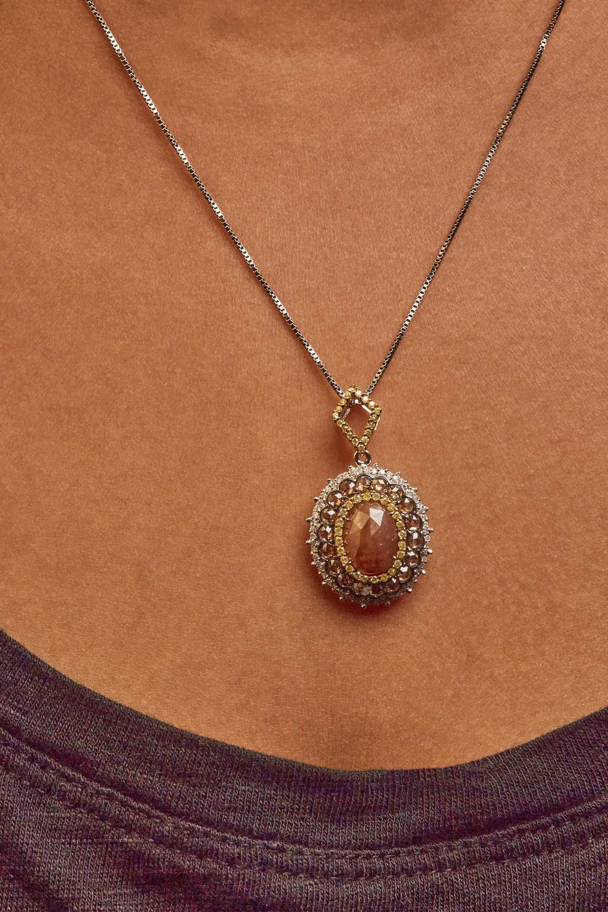 14K White Gold 3.00 Cttw Rose Cut Fancy Colored Diamond Triple Halo 18&quot; Inch Pendant Necklace (Fancy Color, I2 - I3 Clarity) - Rieworkes