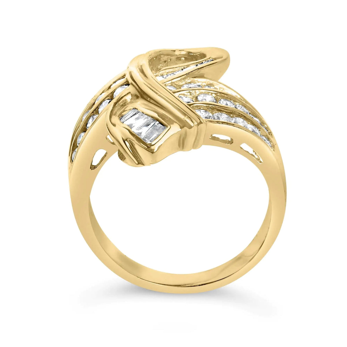 14K Yellow Gold 1 1/3 Cttw Channel Set Diamond Bypass Cocktail Ring (J - K Color, I1 - I2 Clarity) - Ring Size 7 - Rieworkes