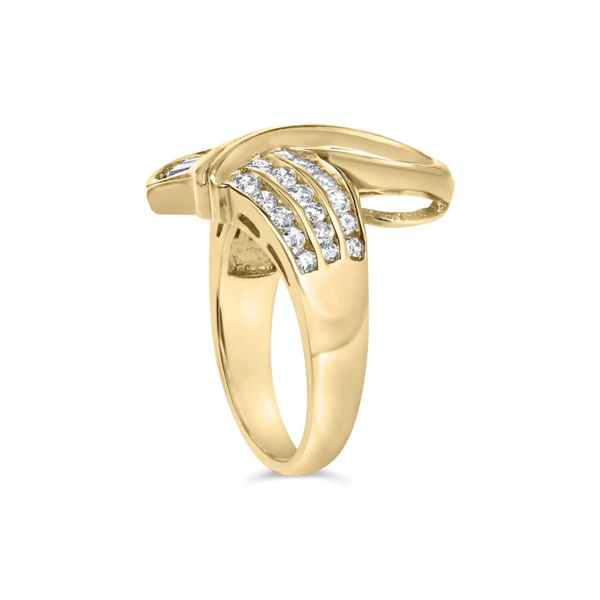 14K Yellow Gold 1 1/3 Cttw Channel Set Diamond Bypass Cocktail Ring (J - K Color, I1 - I2 Clarity) - Ring Size 7 - Rieworkes