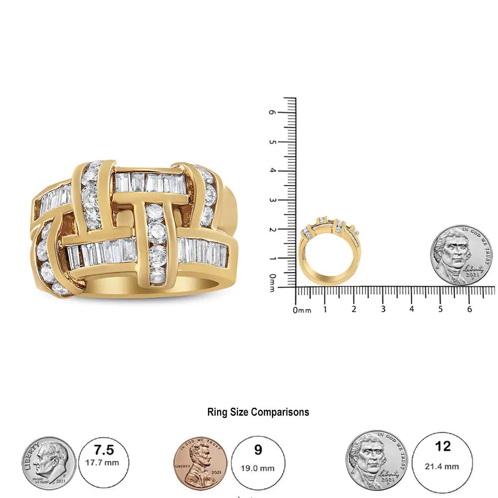 14K Yellow Gold 1 5/8 Cttw Round and Baguette Diamond Lattice Grid Design Ring Band (H - I Color, VS2 - SI1 Clarity) - Ring Size 6 - Rieworkes