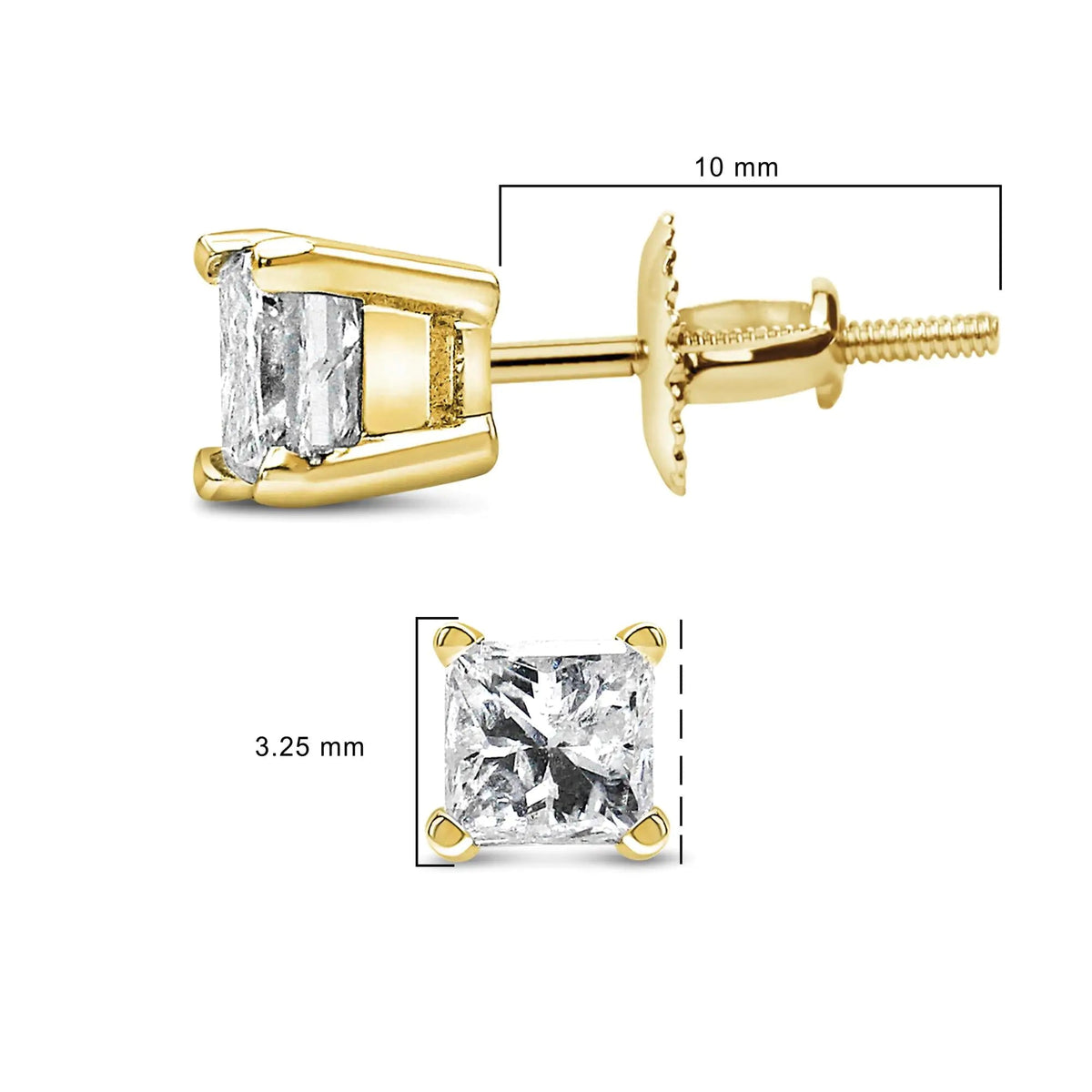 14K Yellow Gold 1/2 Cttw Princess Cut Diamond Solitaire Stud Earrings with Screwbacks (I - J Color, SI2 - I1 Clarity) - Rieworkes
