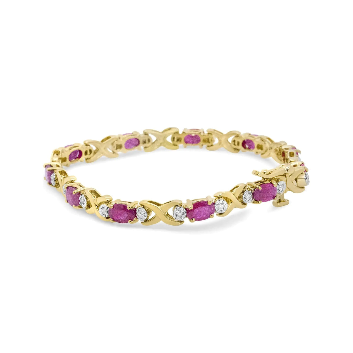 14K Yellow Gold 1/4 Cttw Diamond and Oval Red Ruby Alternating X Link Bracelet (I - J Color, I3 Clarity) - Rieworkes