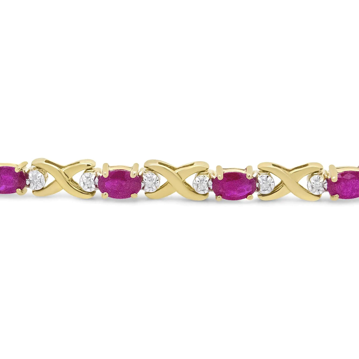 14K Yellow Gold 1/4 Cttw Diamond and Oval Red Ruby Alternating X Link Bracelet (I - J Color, I3 Clarity) - Rieworkes