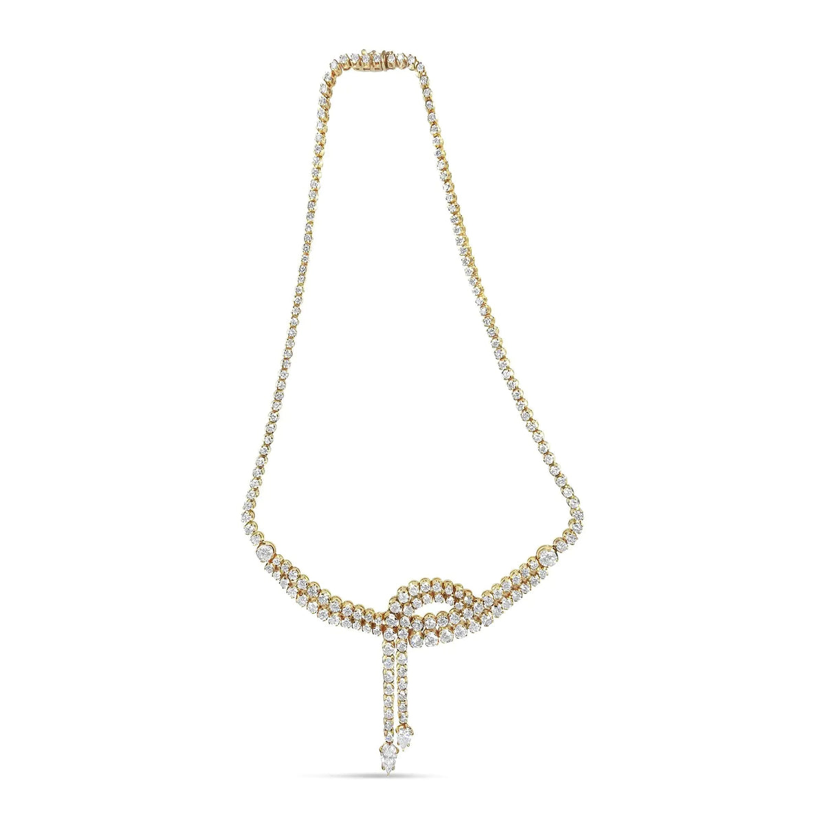 14k Yellow Gold 17.0 Cttw Diamond Double Row Lariat 18&quot; Inch Tennis Necklace with Pear Shape Diamond Drop Tips (I - J Color, VS2 - SI1 Clarity) - Rieworkes