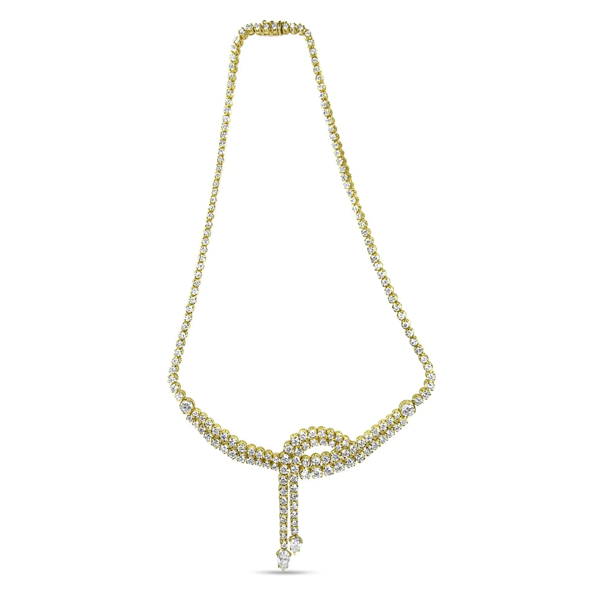 14k Yellow Gold 17.0 Cttw Diamond Double Row Lariat 18&quot; Inch Tennis Necklace with Pear Shape Diamond Drop Tips (I - J Color, VS2 - SI1 Clarity) - Rieworkes