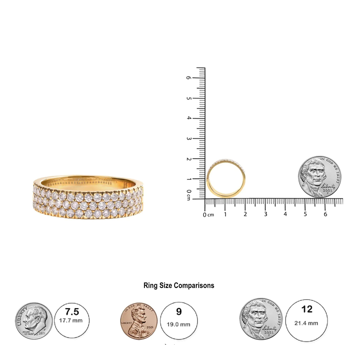 14K Yellow Gold Pave Set 3/4 cttw Multi Row Diamond Band Ring (H - I Color, SI2 - I1 Clarity) - Rieworkes