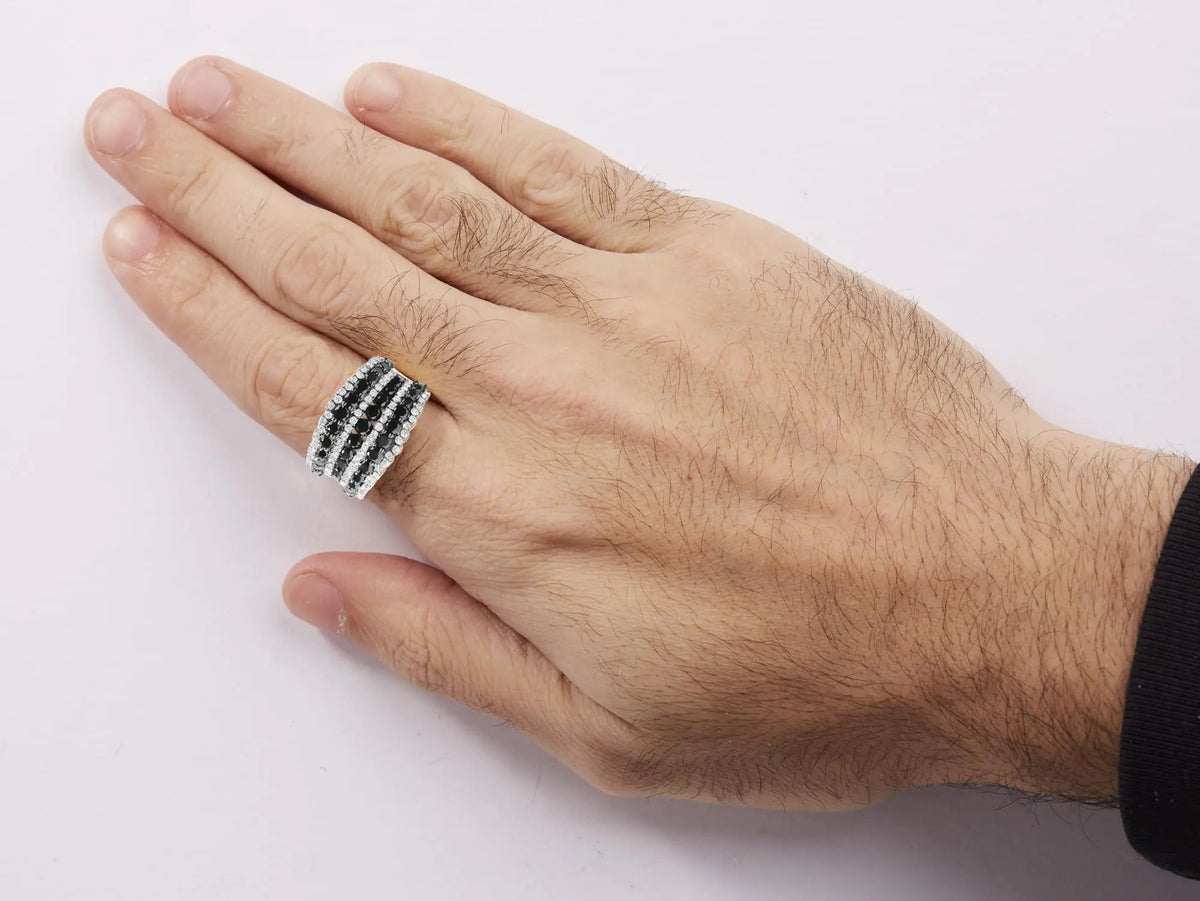 14K Yellow Gold Plated .925 Sterling Silver 1 3/4 Cttw Treated Black and White Alternating Diamond Multi Row Band Ring (Black / I - J Color, I2 - I3 Clarity) - Rieworkes