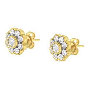 14K Yellow Gold Plated .925 Sterling Silver 1/6 Cttw Miracle - Plate Set Diamond Floral Stud Earrings (I - J Color, I2 - I3 Clarity) - Rieworkes