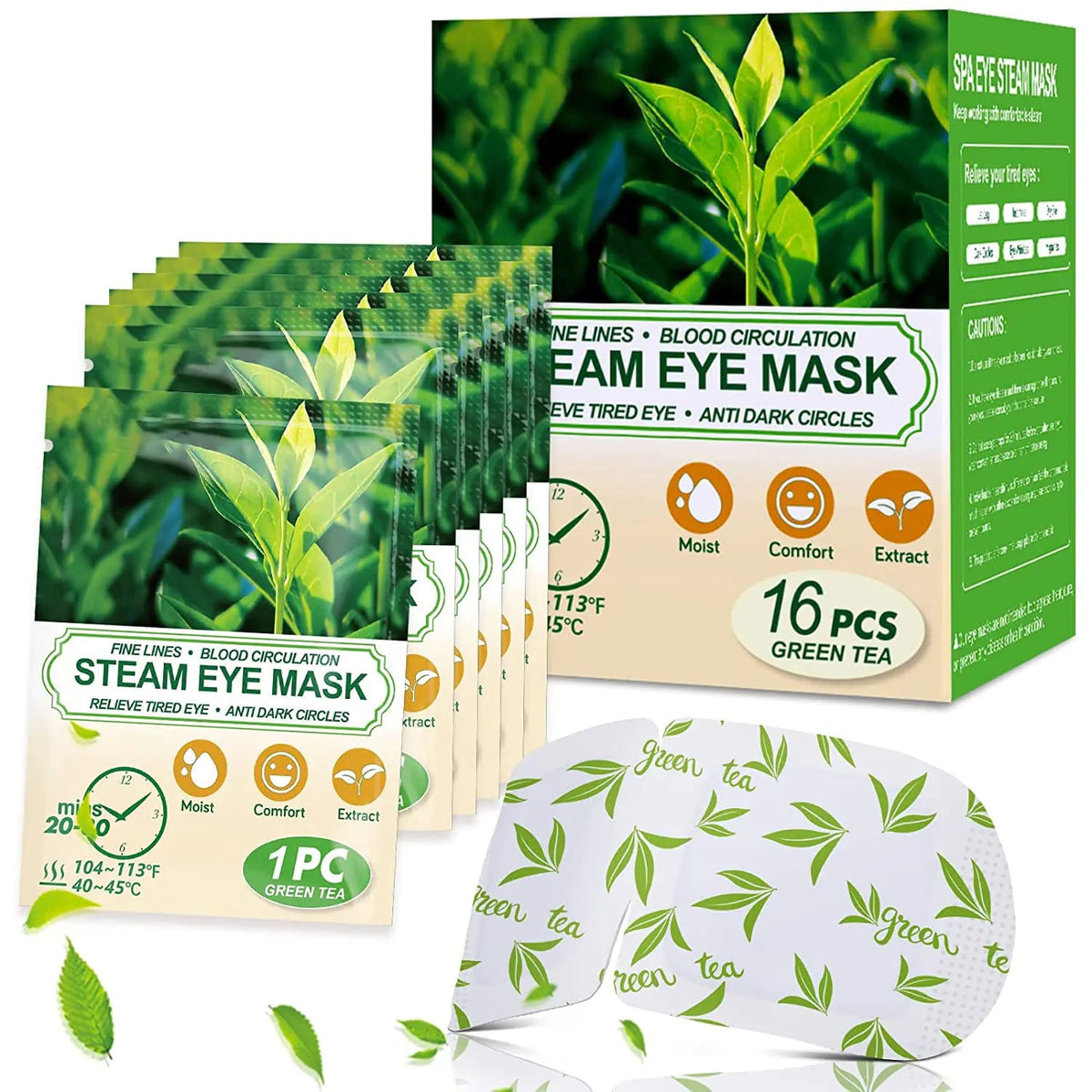 16 Packs Steam Eye Masks for Dry Eyes, Green Tea Warm Eye Mask, Relief Eye Fatigue Hot Sleep Eye Mask for Puffy Eyes Mask, Disposable Moist Heating Compress Pads for Sleeping, Self Heated Eye Mask - Rieworkes