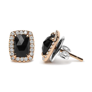 18K Rose and White Gold 1/4 Cttw Round Diamond and 8x6mm Cushion Cut Black Onyx Gemstone Halo Stud Earrings (G - H Color, SI1 - SI2 Clarity) - Rieworkes