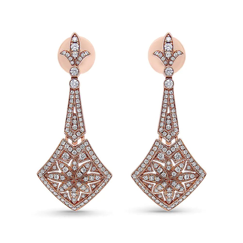 18K Rose Gold 1 1/3 Cttw Diamond Studded Fleur De Lis Trellis Style Drop and Dangle Earring (F - G Color, VS1 - VS2 Clarity) - Rieworkes