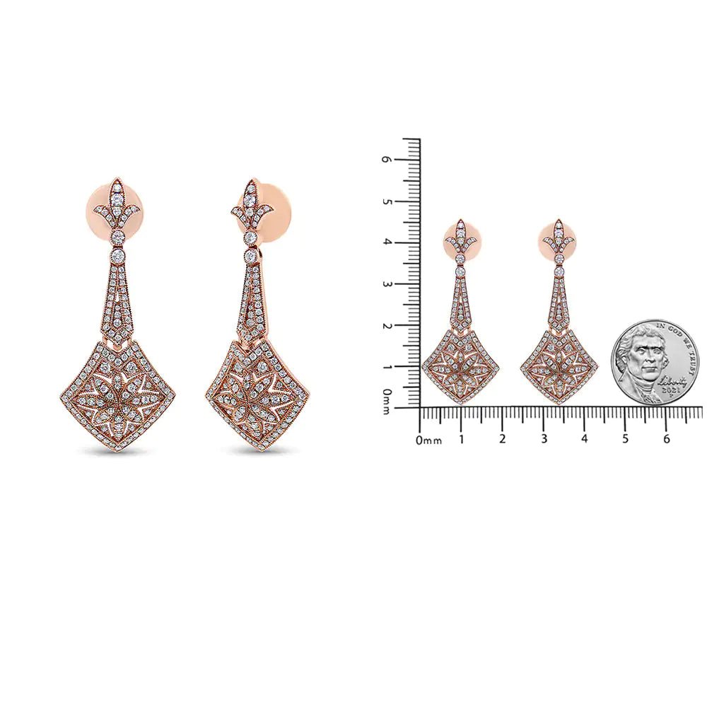 18K Rose Gold 1 1/3 Cttw Diamond Studded Fleur De Lis Trellis Style Drop and Dangle Earring (F - G Color, VS1 - VS2 Clarity) - Rieworkes