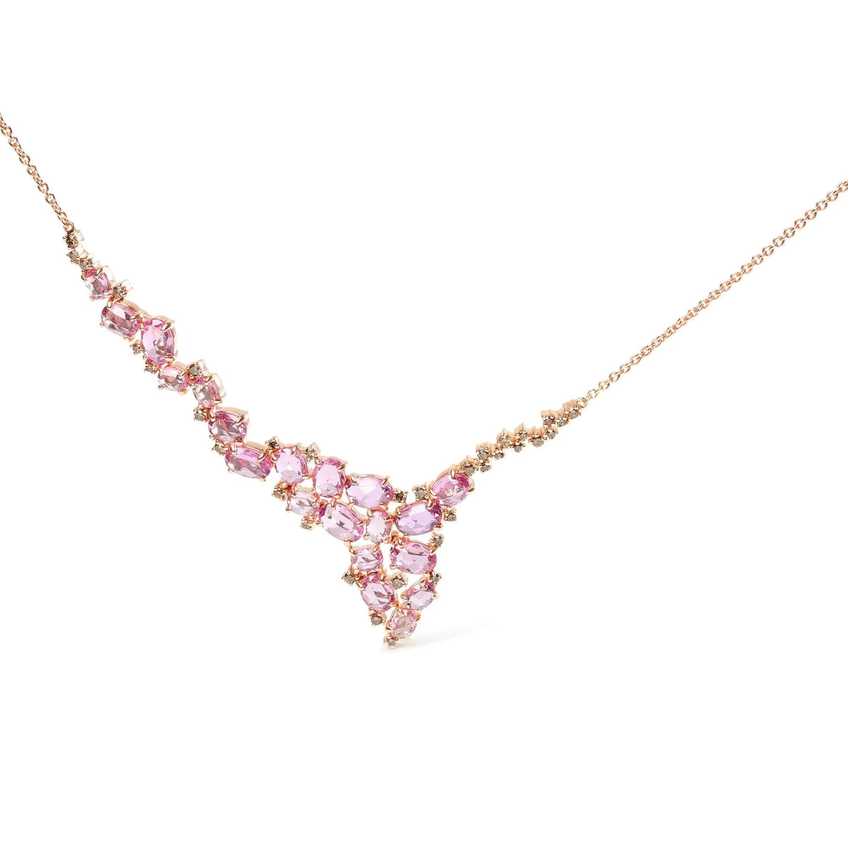 18K Rose Gold 1/2 Cttw Brown Diamond and Multi - Size Oval Pink Sapphire Cluster Cascade Statement Station Necklace (Brown Color, SI1 - SI2 Clarity) - Adjustable up to 14&quot; to 16&quot; - Rieworkes