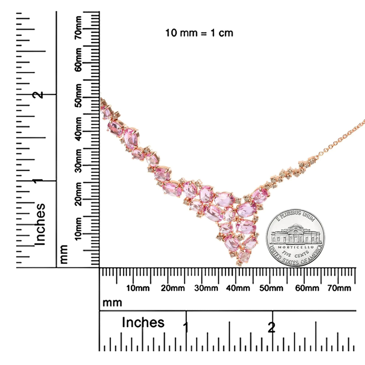18K Rose Gold 1/2 Cttw Brown Diamond and Multi - Size Oval Pink Sapphire Cluster Cascade Statement Station Necklace (Brown Color, SI1 - SI2 Clarity) - Adjustable up to 14&quot; to 16&quot; - Rieworkes