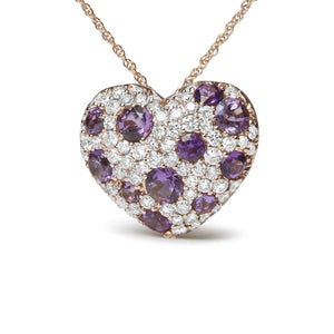 18K Rose Gold 3/4 Cttw Diamond and Purple Amethyst Cluster Heart Shape 18" Pendant Necklace (G - H Color, SI1 - SI2 Clarity) - Rieworkes