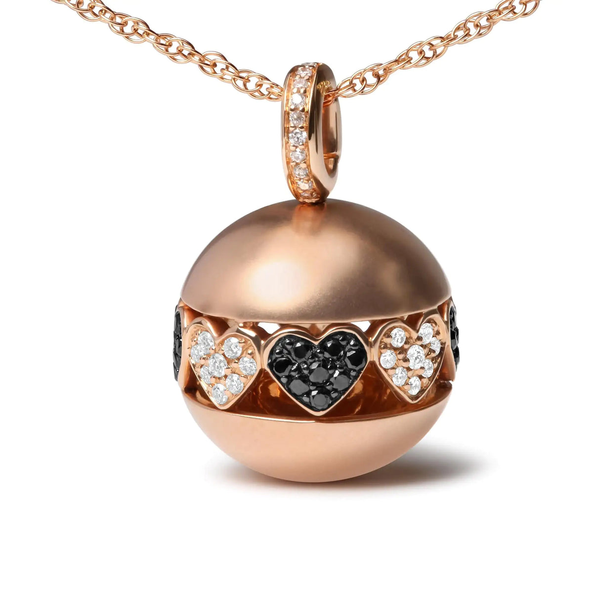 18K Rose Gold 3/8 Cttw Black and White Diamond Ball with Filigree Heart and Cluster Design 18&quot; Pendant Necklace (Black and G - H Color, SI1 - SI2 Clarity) - Rieworkes
