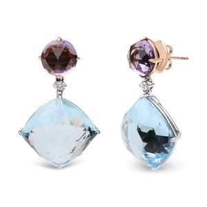 18K White and Rose Gold 1/5 Cttw Diamond with Round Pink Rose De France Amethyst and 25mm Cushion Cut Sky Blue Topaz Gemstone Dangle Earring (G - H Color, SI1 - SI2 Clarity) - Rieworkes