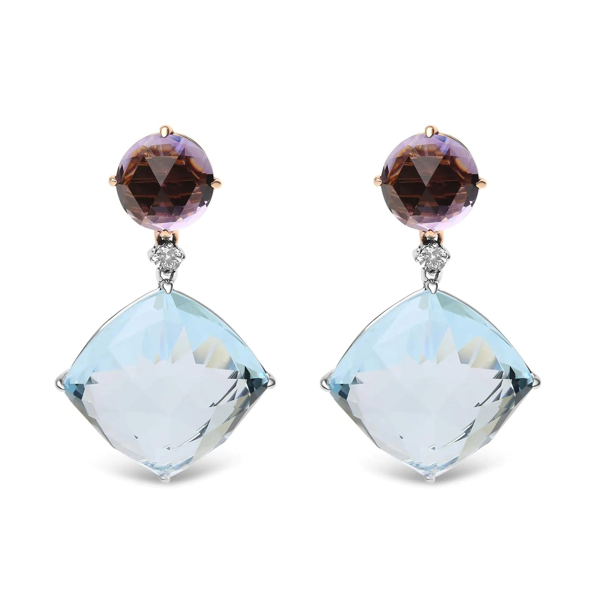 18K White and Rose Gold 1/5 Cttw Diamond with Round Pink Rose De France Amethyst and 25mm Cushion Cut Sky Blue Topaz Gemstone Dangle Earring (G - H Color, SI1 - SI2 Clarity) - Rieworkes