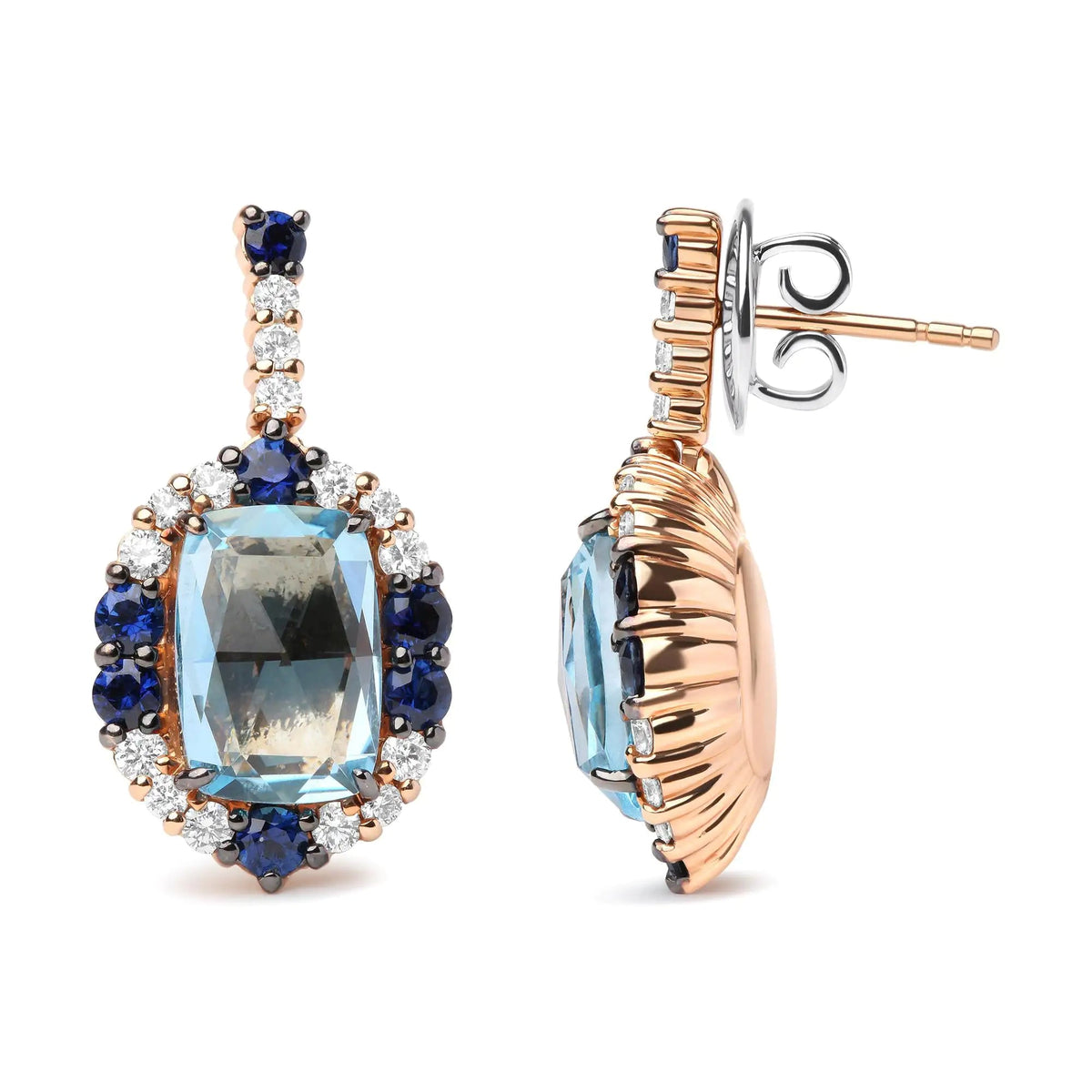 18K White and Rose Gold and 3/4 Cttw Diamond with Round Blue Sapphire and 13x8mm Cushion Cut Sky Blue Topaz Gemstone Cluster Dangle Earrings (G - H Color, SI1 - SI2 Clarity) - Rieworkes