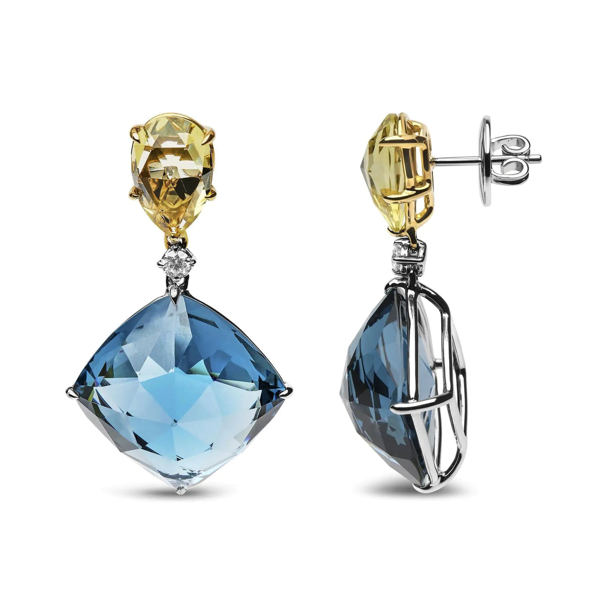 18K White and Yellow Gold 1/5 Cttw Diamond with Pear Cut Lemon Quartz, and Cushion Cut London Blue Topaz Gemstone Dangle Earring (G - H Color, SI1 - SI2 Clarity) - Rieworkes