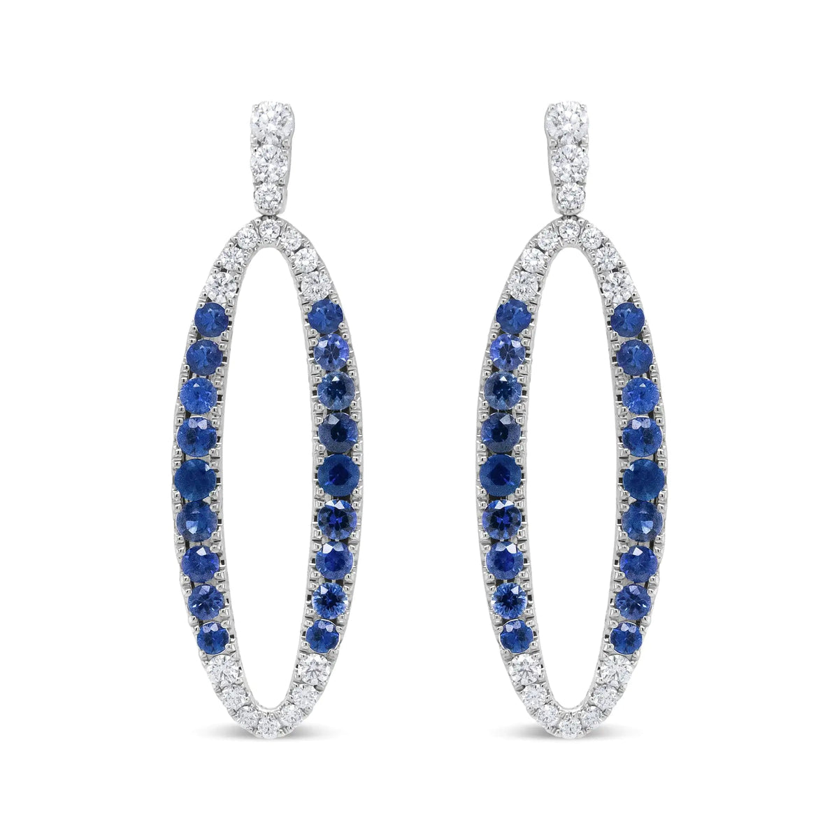 18K White Gold 1.11 Cttw Blue Round Diamond and Blue Sapphire Openwork Oval Shaped Dangle Earrings (F - G Color, VS1 - VS2 Clarity) - Rieworkes