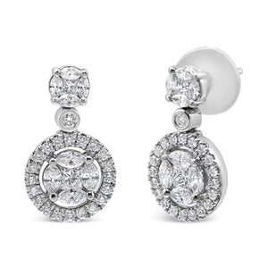 18K White Gold 2.0 Cttw Round Shape Diamond Composite Halo Dangle Stud Earring (F - G Color, VS1 - VS2 Clarity) - Rieworkes