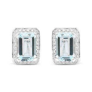 18K White Gold 3/4 Cttw Round Diamond and 13x9mm Emerald Cut Blue Aquamarine Gemstone Halo Omega Stud Earrings (G - H Color, SI1 - SI2 Clarity) - Rieworkes