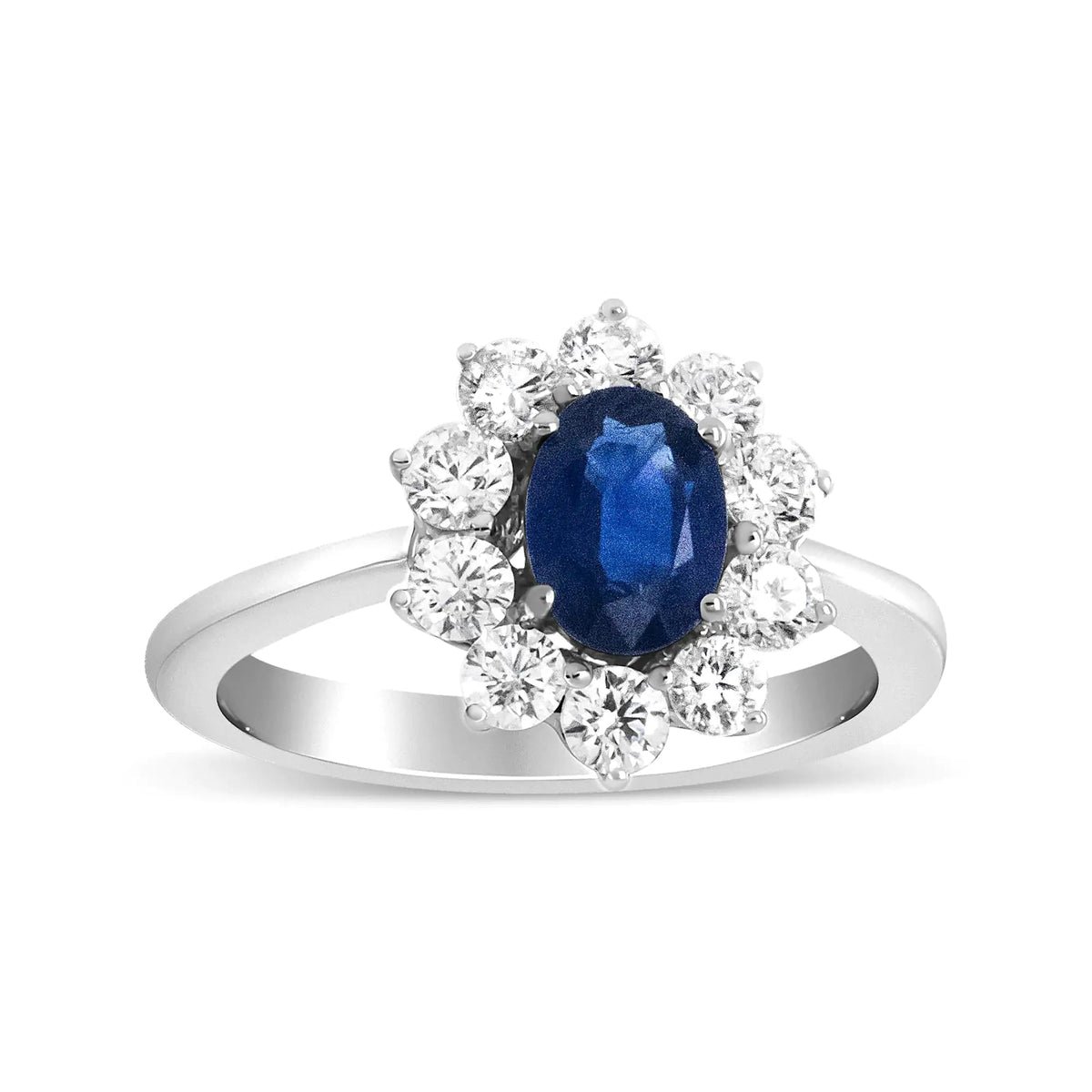 18K White Gold 7x5 mm Oval Cut Blue Sapphire and Round Diamond 3/4 Cttw Sunburst Halo Ring (F - G Color, VS1 - VS2 Clarity) - Rieworkes