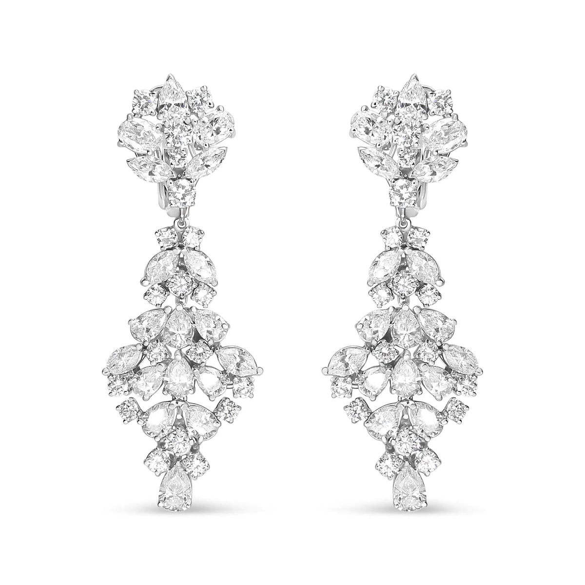 18K White Gold 9 1/2 Cttw Diamond Cluster Drop Dangle Clip - On Earrings (F - G Color, VS1 - VS2 Clarity) - Rieworkes