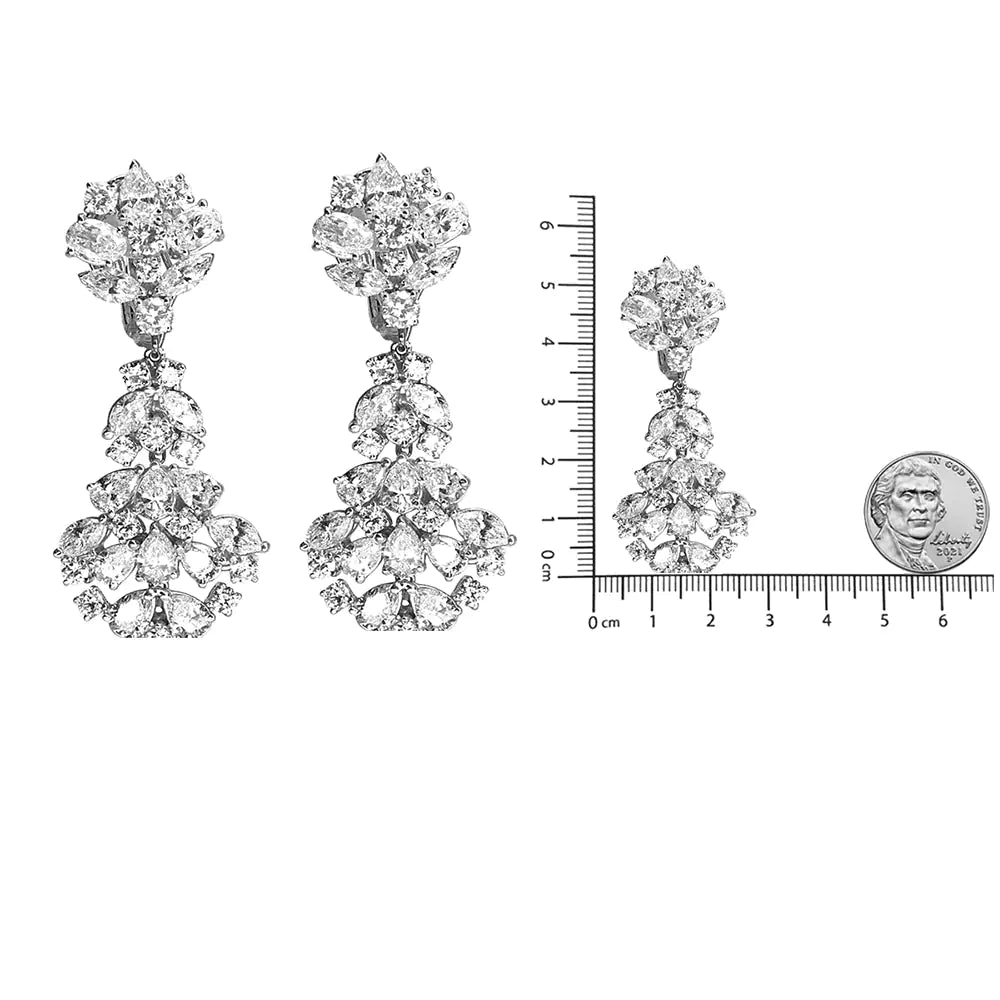 18K White Gold 9 1/2 Cttw Diamond Cluster Drop Dangle Clip - On Earrings (F - G Color, VS1 - VS2 Clarity) - Rieworkes