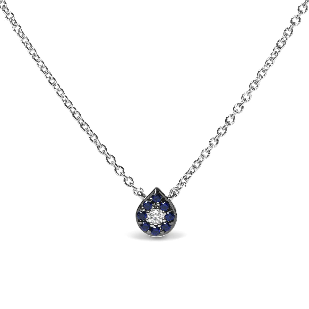 18K White Gold Diamond Accent and 1mm Round Blue Sapphire Gemstone Halo Teardrop Pendant Necklace (G - H Color, SI1 - SI2 Clarity) - Adjustable up to 15.5" - 17" - Rieworkes