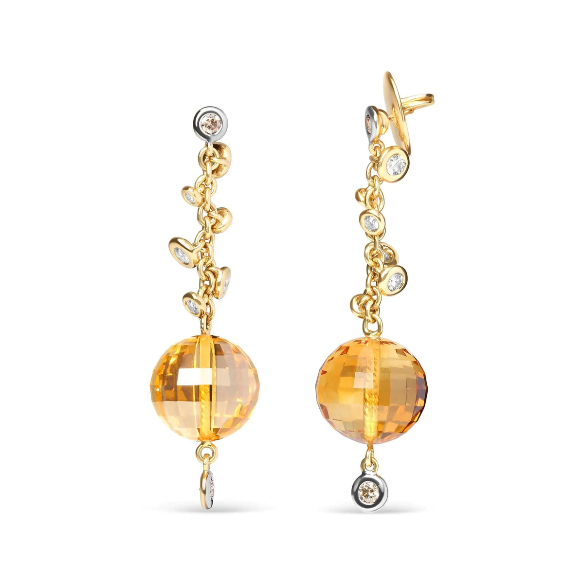 18K Yellow Gold 2/3 Cttw Round Bezel Diamond and 25mm Ball Shaped Yellow Citrine Gemstone Dangle Stud Earring (Brown and G - H Color, SI1 - SI2 Clarity) - Rieworkes