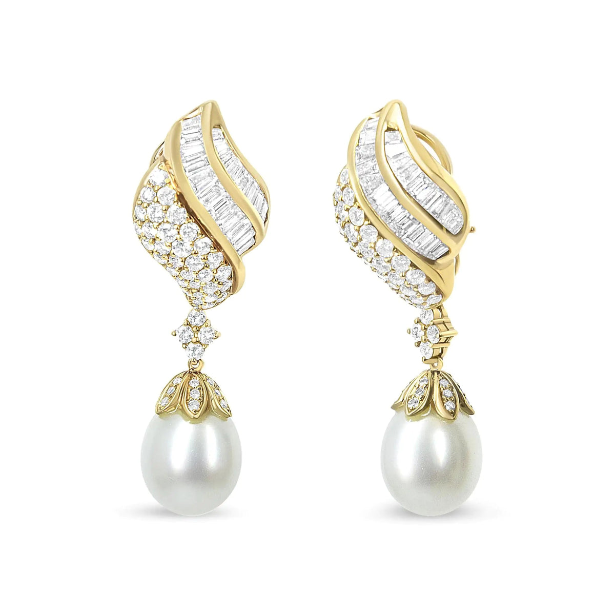 18k Yellow Gold 7.0 Cttw Baguette and Round Diamond South Sea Pearl Drop Dangle Clip - On Earrings (F - G Color, VS1 - VS2 Clarity) - Rieworkes