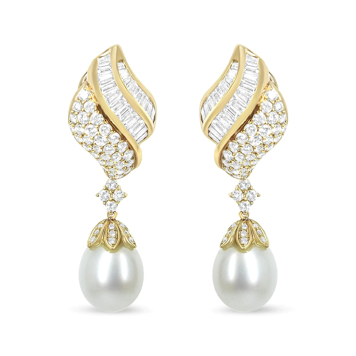 18k Yellow Gold 7.0 Cttw Baguette and Round Diamond South Sea Pearl Drop Dangle Clip - On Earrings (F - G Color, VS1 - VS2 Clarity) - Rieworkes