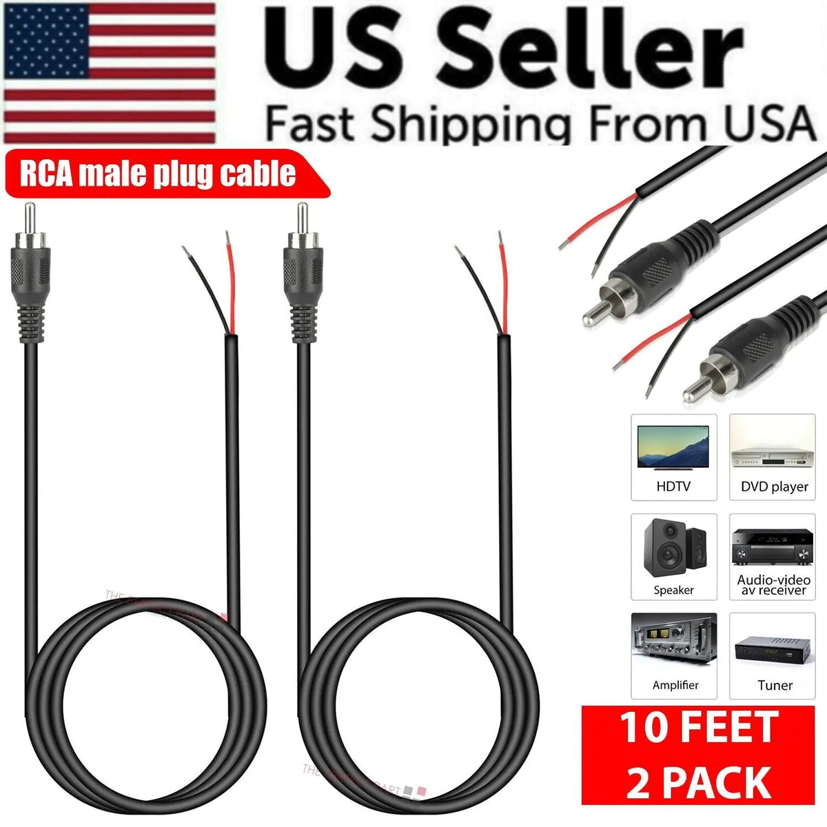 2 - Pack 10 FT RCA Male Plug to Bare Wire Audio Speaker Subwoofer HDTV Cable Cord - Rieworkes