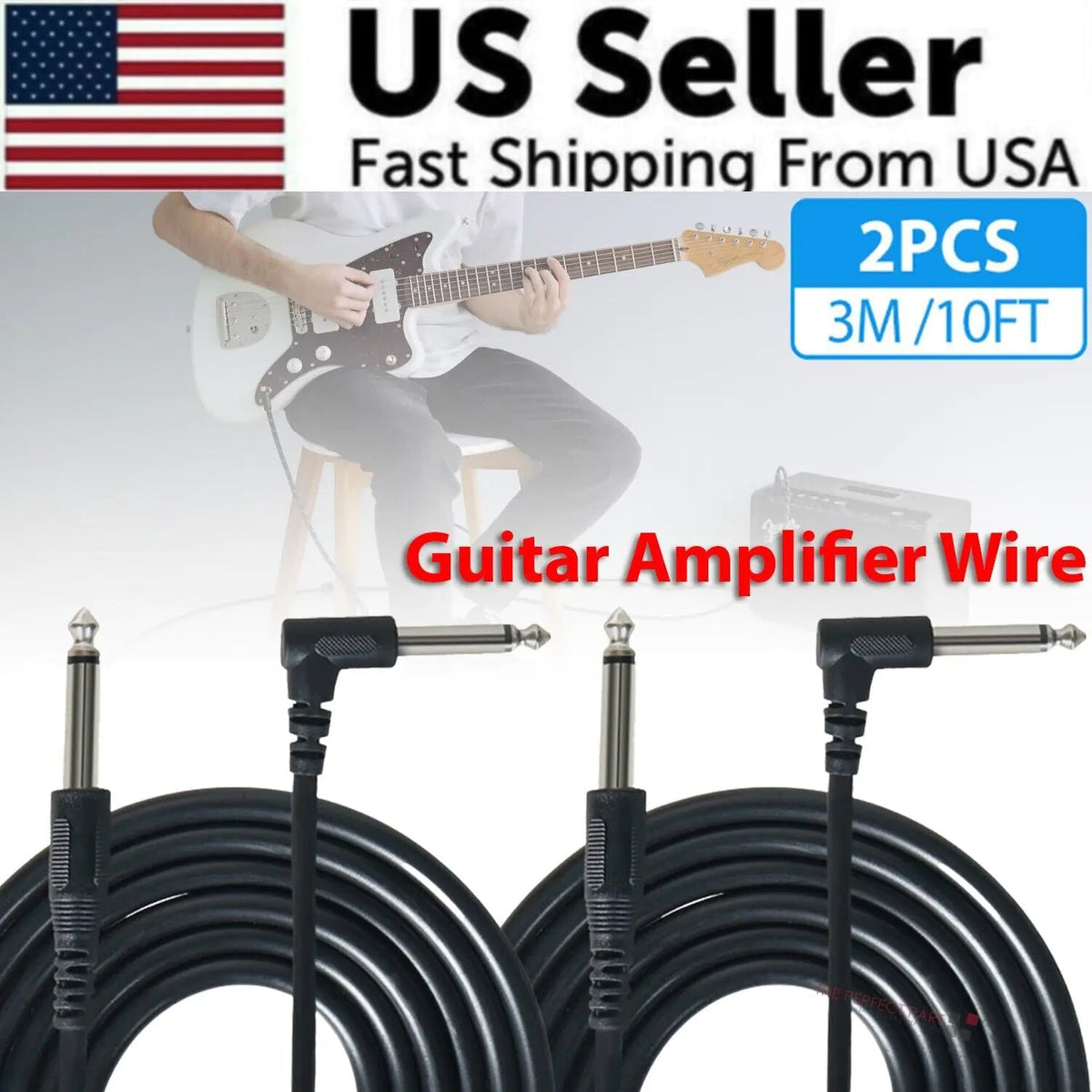 2 PACK 10FT Electric Patch Cord Guitar Amplifier Amp Cable Right Angle 90 Degree - Rieworkes