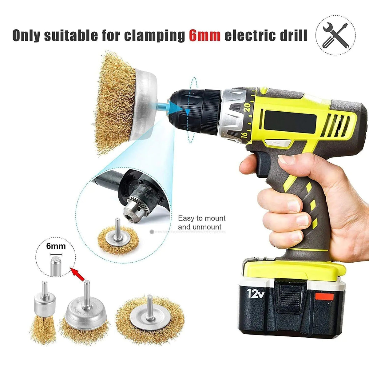 2 - Pack 3 Pcs Wire Brush Wheel Set Cup Drill Bit Rust Paint Attachment 1/4&quot; USA - Rieworkes