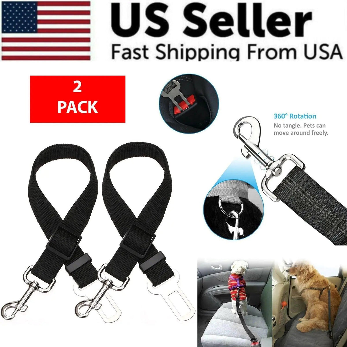 2 Pack Cat DOG PET Safety Seatbelt Car Vehicle Seat Belt Adjustable Harness Lead - Rieworkes